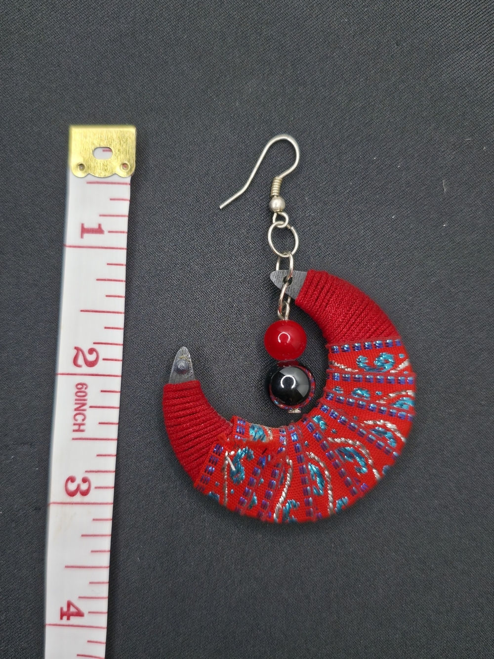 Boho Red Fabric Crescent Moon Dangle Earrings Handmade Tribal Folk Embroidery - Picture 4 of 4